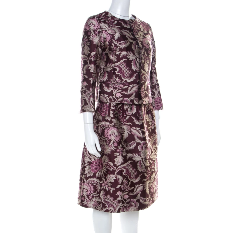 Oscar De La Renta Burgundy Floral Jacquard Skirt Suit M For Women 4 Oscar De La Renta Burgundy Floral Jacquard Skirt Suit M For Women - Image 2
