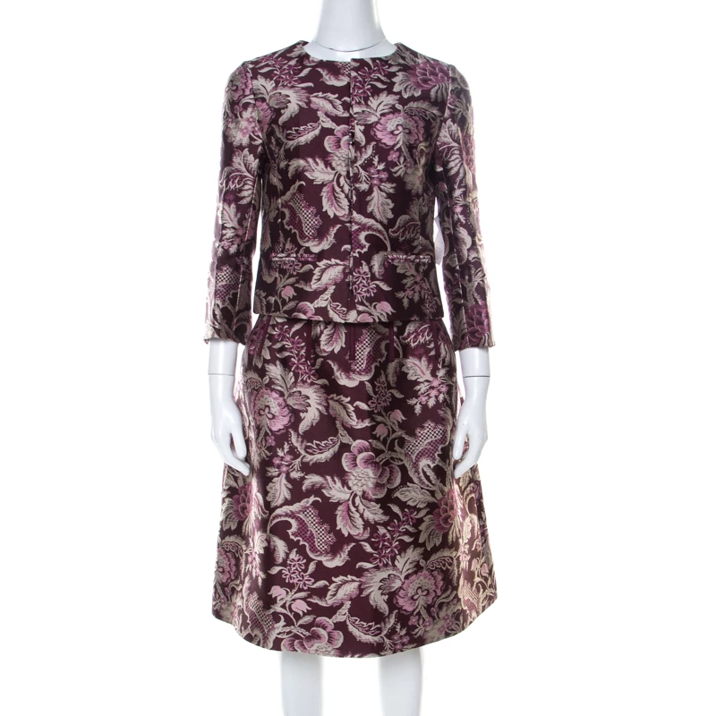 Oscar De La Renta Burgundy Floral Jacquard Skirt Suit M For Women 3 Oscar De La Renta Burgundy Floral Jacquard Skirt Suit M For Women