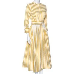 Oscar De La Renta Yellow Striped Cotton Pleated Belted Maxi Dress XS For Women -Oscar de la Renta Sales Shop luxury women oscar de la rentaslug new clothes p521189 007