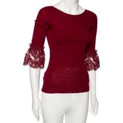 Oscar De La Renta Red Merino Wool & Lace Trim Detailed Long Sleeve Top S For Women -Oscar de la Renta Sales Shop luxury women oscar de la rentaslug new clothes p560772 004