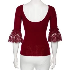 Oscar De La Renta Red Merino Wool & Lace Trim Detailed Long Sleeve Top S For Women -Oscar de la Renta Sales Shop luxury women oscar de la rentaslug new clothes p560772 005