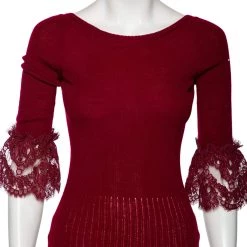 Oscar De La Renta Red Merino Wool & Lace Trim Detailed Long Sleeve Top S For Women -Oscar de la Renta Sales Shop luxury women oscar de la rentaslug new clothes p560772 007