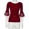 Oscar De La Renta Red Merino Wool & Lace Trim Detailed Long Sleeve Top S For Women