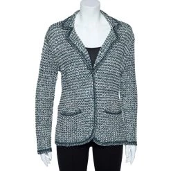 Oscar De La Renta Green Lurex Hand Knit Button Front Blazer XL For Women