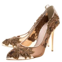Oscar De La Renta Metallic Bronze Leather And Mesh Alyssa Embellished Pointed Toe Pumps Size 40 For Women -Oscar de la Renta Sales Shop luxury women oscar de la rentaslug new shoes p139453 004