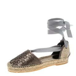 Oscar De La Renta Metallic Anthracite Laser Cut Leather Adriana Espadrille Flat Sandals Size 40 For Women