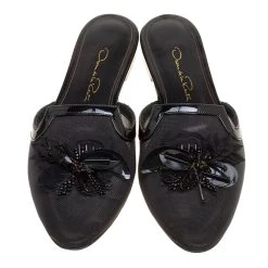Oscar De La Renta Black Mesh Embellished Flat Slides Size 37 For Women -Oscar de la Renta Sales Shop luxury women oscar de la rentaslug new shoes p152419 0003