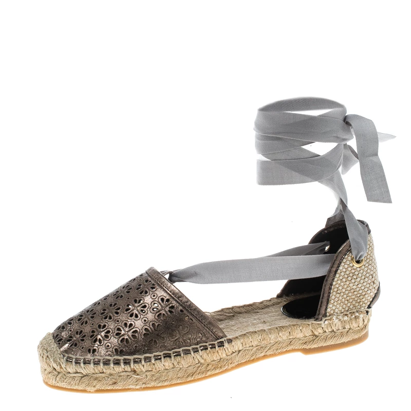 Oscar De La Renta Metallic Anthracite Laser Cut Leather Adriana Espadrille Flat Sandals Size 39 For Women 3 Oscar De La Renta Metallic Anthracite Laser Cut Leather Adriana Espadrille Flat Sandals Size 39 For Women