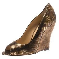Oscar De La Renta Metallic Bronze Leather Romana Cork Wedge Peep Toe Pumps Size 40 For Women