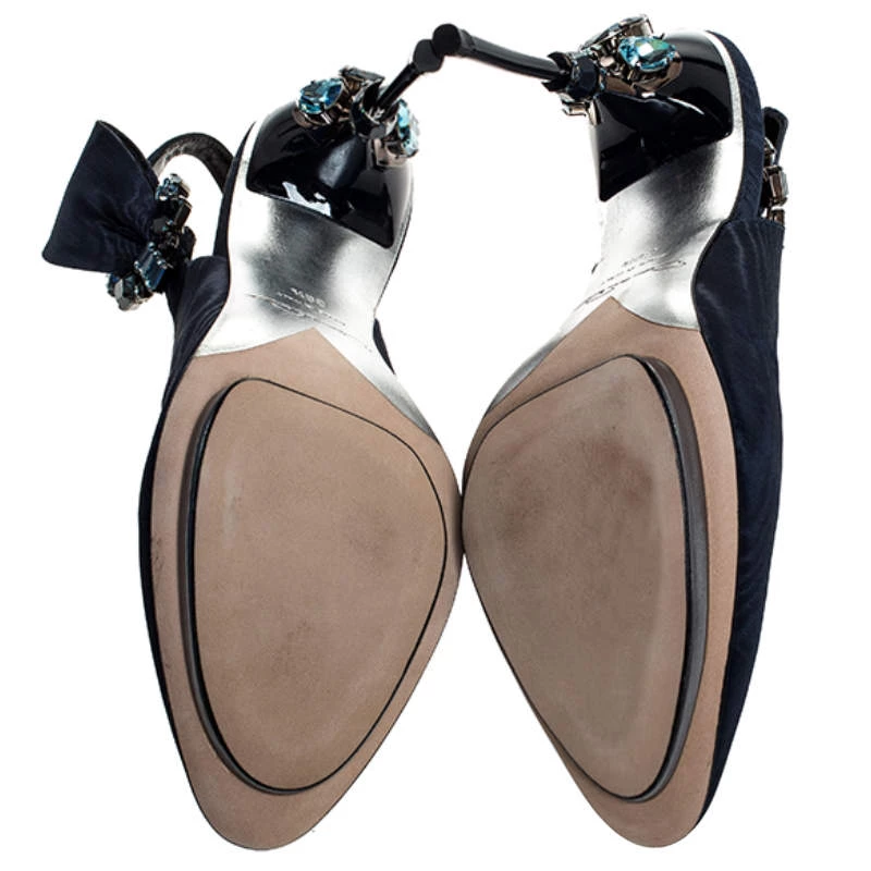 Oscar De La Renta Blue Faille Fabric Crystal Embellished Juliette Slingback Sandals Size 39.5 For Women 8 Oscar De La Renta Blue Faille Fabric Crystal Embellished Juliette Slingback Sandals Size 39.5 For Women - Image 6