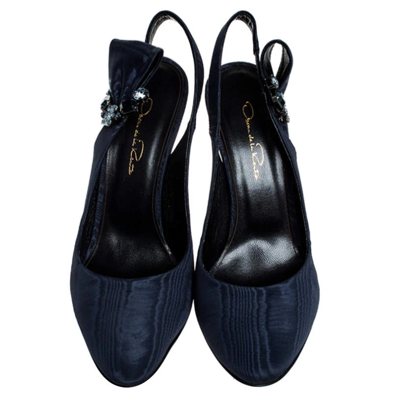Oscar De La Renta Blue Faille Fabric Crystal Embellished Juliette Slingback Sandals Size 39.5 For Women 5 Oscar De La Renta Blue Faille Fabric Crystal Embellished Juliette Slingback Sandals Size 39.5 For Women - Image 3