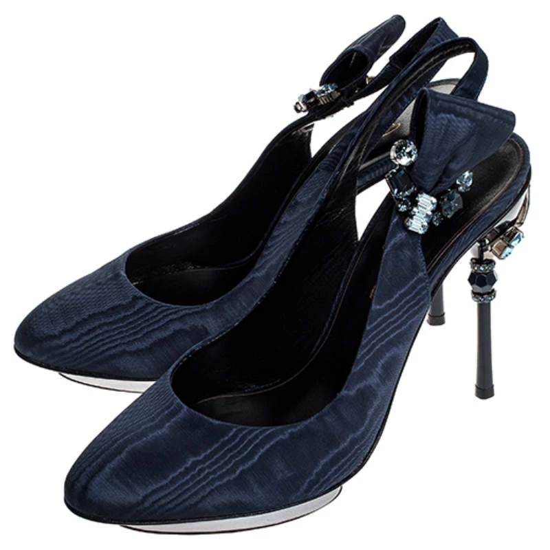 Oscar De La Renta Blue Faille Fabric Crystal Embellished Juliette Slingback Sandals Size 39.5 For Women 6 Oscar De La Renta Blue Faille Fabric Crystal Embellished Juliette Slingback Sandals Size 39.5 For Women - Image 4