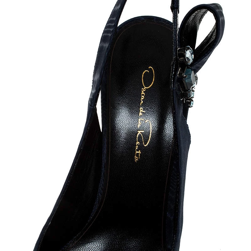 Oscar De La Renta Blue Faille Fabric Crystal Embellished Juliette Slingback Sandals Size 39.5 For Women 9 Oscar De La Renta Blue Faille Fabric Crystal Embellished Juliette Slingback Sandals Size 39.5 For Women - Image 7