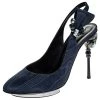 Oscar De La Renta Blue Faille Fabric Crystal Embellished Juliette Slingback Sandals Size 39.5 For Women