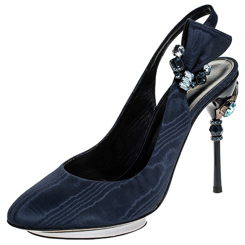 Oscar De La Renta Blue Faille Fabric Crystal Embellished Juliette Slingback Sandals Size 39.5 For Women 3 Oscar De La Renta Blue Faille Fabric Crystal Embellished Juliette Slingback Sandals Size 39.5 For Women