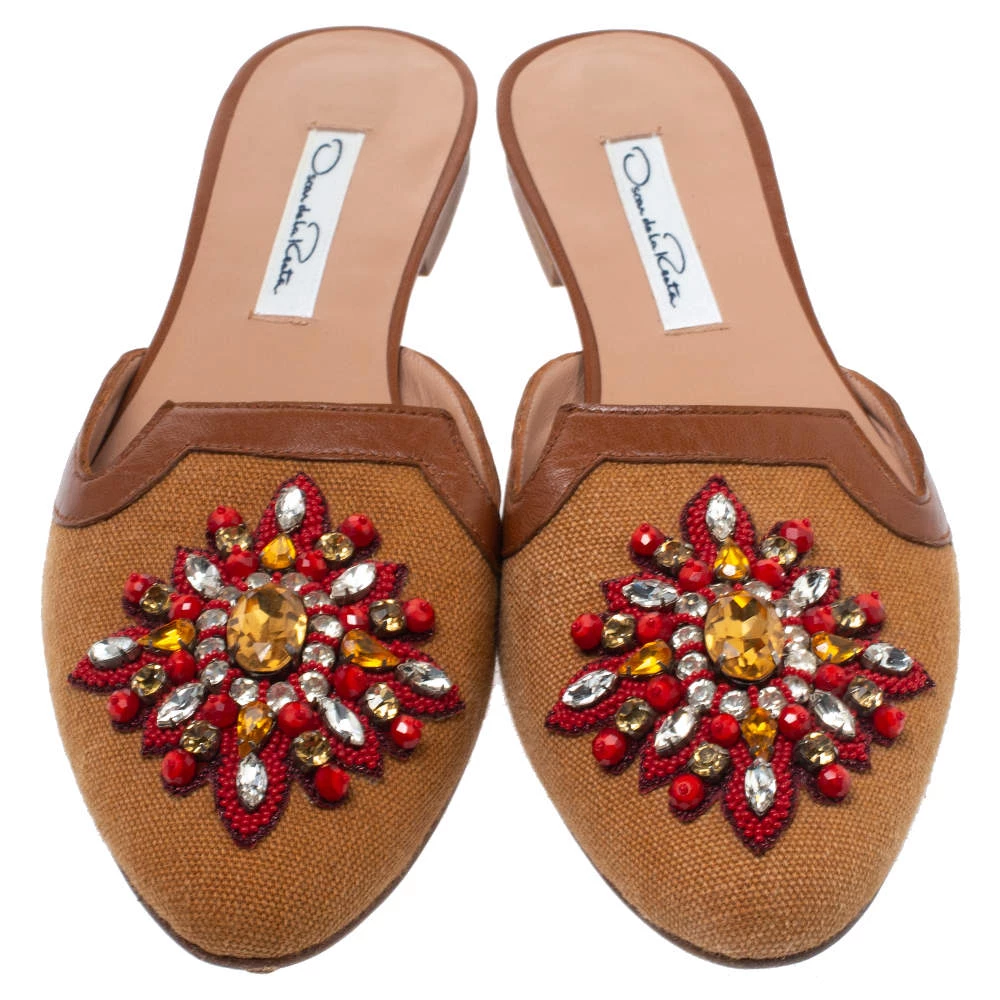 Oscar De La Renta Brown Embellished Canvas And Leather Flat Spanish Mules Size 37 For Women 5 Oscar De La Renta Brown Embellished Canvas And Leather Flat Spanish Mules Size 37 For Women - Image 3