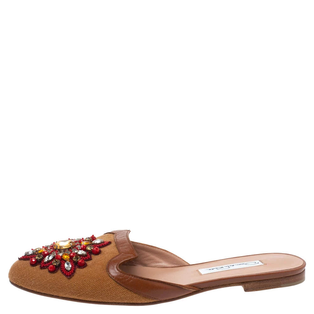 Oscar De La Renta Brown Embellished Canvas And Leather Flat Spanish Mules Size 37 For Women 4 Oscar De La Renta Brown Embellished Canvas And Leather Flat Spanish Mules Size 37 For Women - Image 2