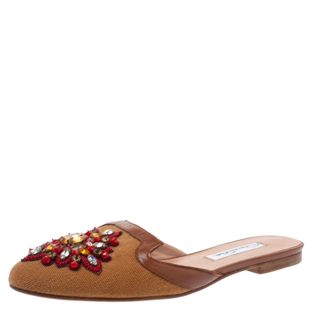 Oscar De La Renta Brown Embellished Canvas And Leather Flat Spanish Mules Size 37 For Women 3 Oscar De La Renta Brown Embellished Canvas And Leather Flat Spanish Mules Size 37 For Women