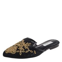 Oscar De La Renta Black/Gold Mesh Embellished Mules Size 41 For Women