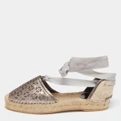 Oscar De La Renta Metallic Anthracite Laser Cut Leather Adriana Espadrille Flat Sandals Size 41 For Women