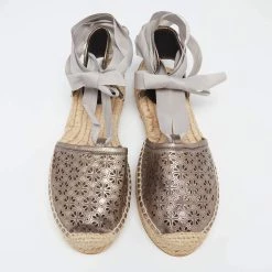 Oscar De La Renta Metallic Anthracite Laser Cut Leather Adriana Espadrille Flat Sandals Size 41 For Women -Oscar de la Renta Sales Shop luxury women oscar de la rentaslug new shoes p634045 002