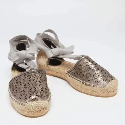 Oscar De La Renta Metallic Anthracite Laser Cut Leather Adriana Espadrille Flat Sandals Size 41 For Women -Oscar de la Renta Sales Shop luxury women oscar de la rentaslug new shoes p634045 003