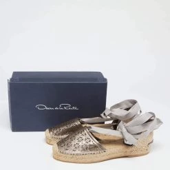 Oscar De La Renta Metallic Anthracite Laser Cut Leather Adriana Espadrille Flat Sandals Size 41 For Women -Oscar de la Renta Sales Shop luxury women oscar de la rentaslug new shoes p634045 006