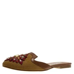 Oscar De La Renta Brown Embellished Canvas And Leather Flat Spanish Mules Size 36 For Women