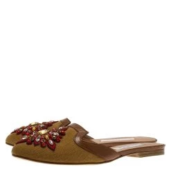 Oscar De La Renta Brown Embellished Canvas And Leather Flat Spanish Mules Size 36 For Women -Oscar de la Renta Sales Shop luxury women oscar de la rentaslug new shoes p83538 004