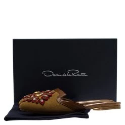 Oscar De La Renta Brown Embellished Canvas And Leather Flat Spanish Mules Size 36 For Women -Oscar de la Renta Sales Shop luxury women oscar de la rentaslug new shoes p83538 008