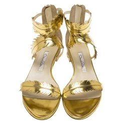 Oscar De La Renta Gold Metallic Leather Abigail Feather Sandals Size 39.5 For Women -Oscar de la Renta Sales Shop luxury women oscar de la rentaslug new shoes p84035 003
