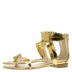 Oscar De La Renta Gold Metallic Leather Abigail Feather Sandals Size 39.5 For Women -Oscar de la Renta Sales Shop luxury women oscar de la rentaslug new shoes p84035 004