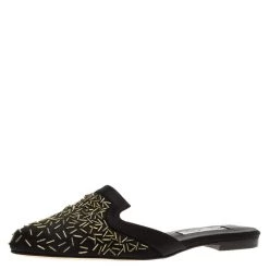 Oscar De La Renta Black Embellished Satin Calista Flat Mules Size 36.5 For Women