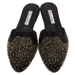 Oscar De La Renta Black Embellished Satin Calista Flat Mules Size 36.5 For Women -Oscar de la Renta Sales Shop luxury women oscar de la rentaslug new shoes p84049 003