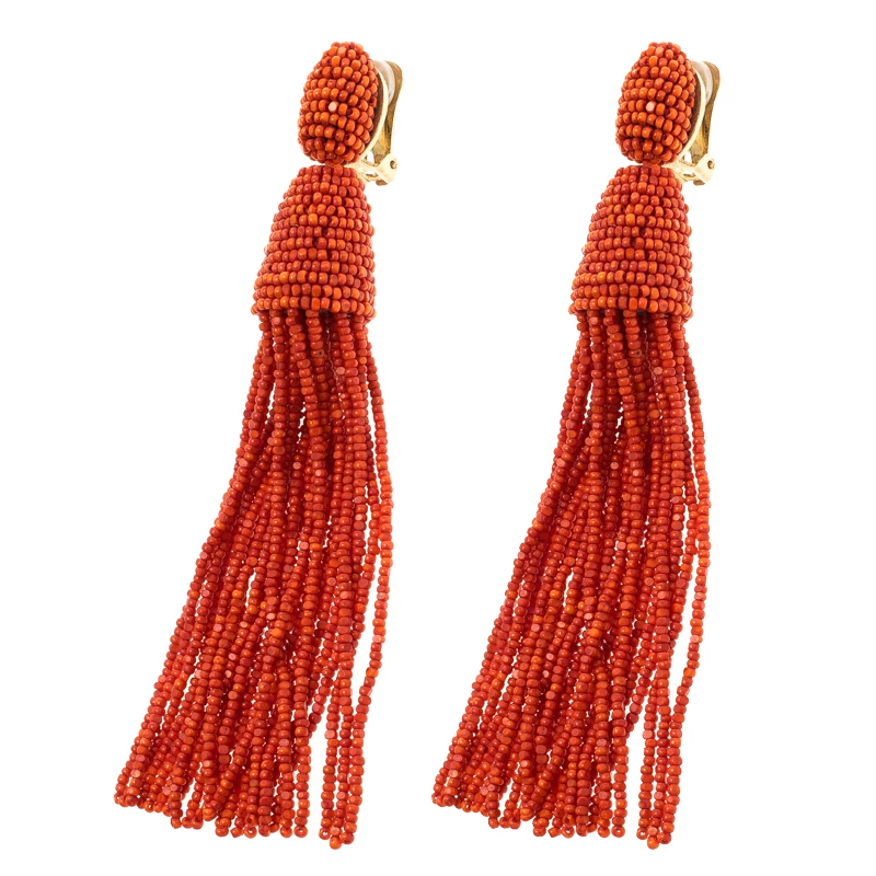 Oscar De La Renta Orange Beaded Long Tassel Clip-on Earrings For Women 4 Oscar De La Renta Orange Beaded Long Tassel Clip-on Earrings For Women - Image 2