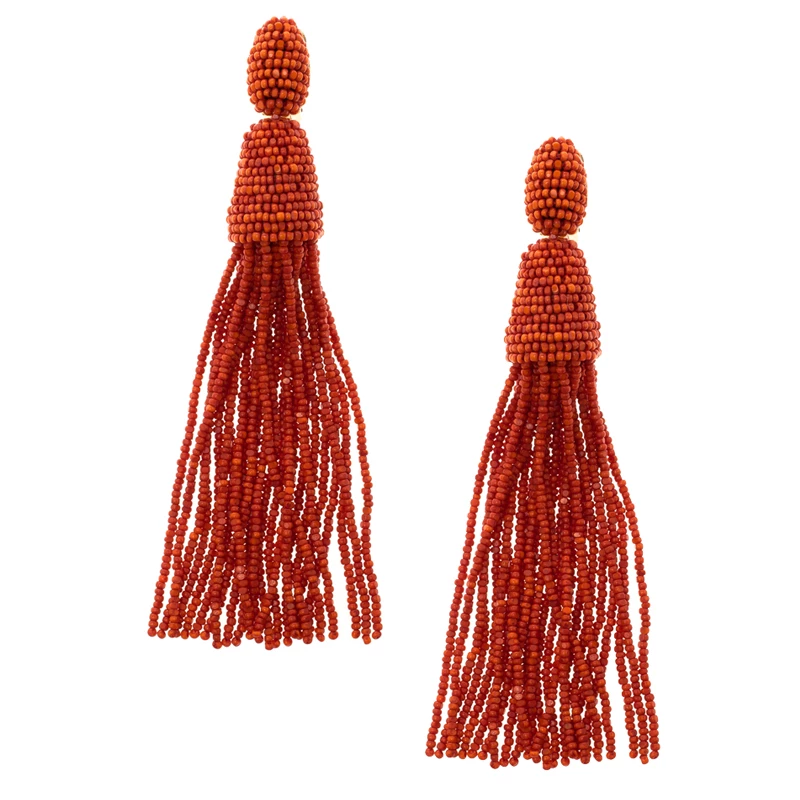 Oscar De La Renta Orange Beaded Long Tassel Clip-on Earrings For Women 5 Oscar De La Renta Orange Beaded Long Tassel Clip-on Earrings For Women - Image 3