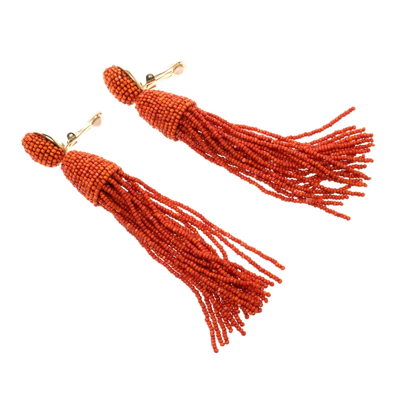 Oscar De La Renta Orange Beaded Long Tassel Clip-on Earrings For Women 6 Oscar De La Renta Orange Beaded Long Tassel Clip-on Earrings For Women - Image 4