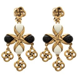 Oscar De La Renta Black And White Resin Gold Tone Clip-on Long Earrings For Women