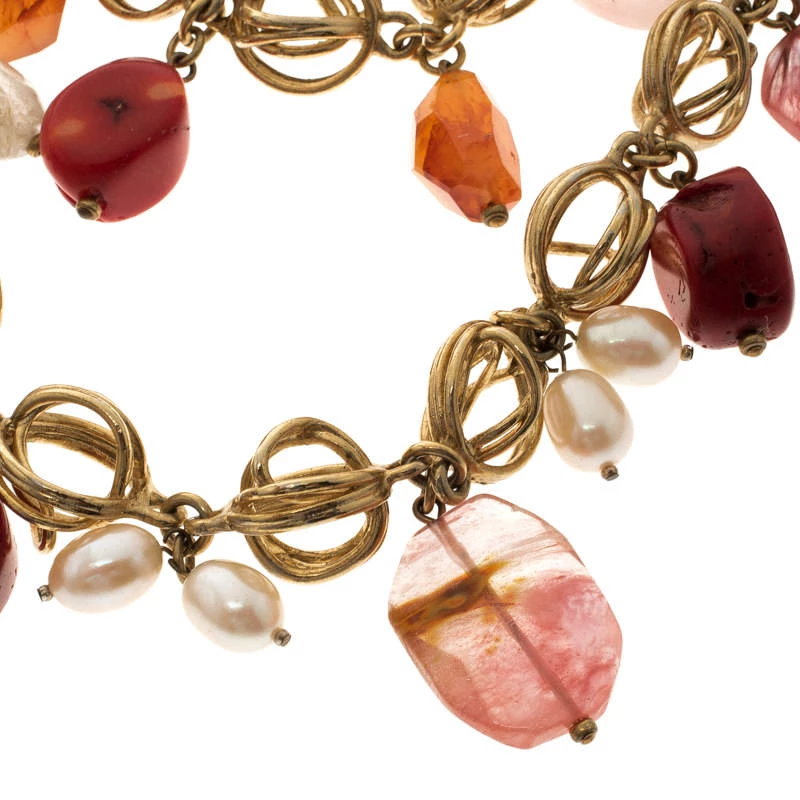 Oscar De La Renta Multi Stone Faux Pearl Gold Tone Two Strand Necklace For Women 4 Oscar De La Renta Multi Stone Faux Pearl Gold Tone Two Strand Necklace For Women - Image 2