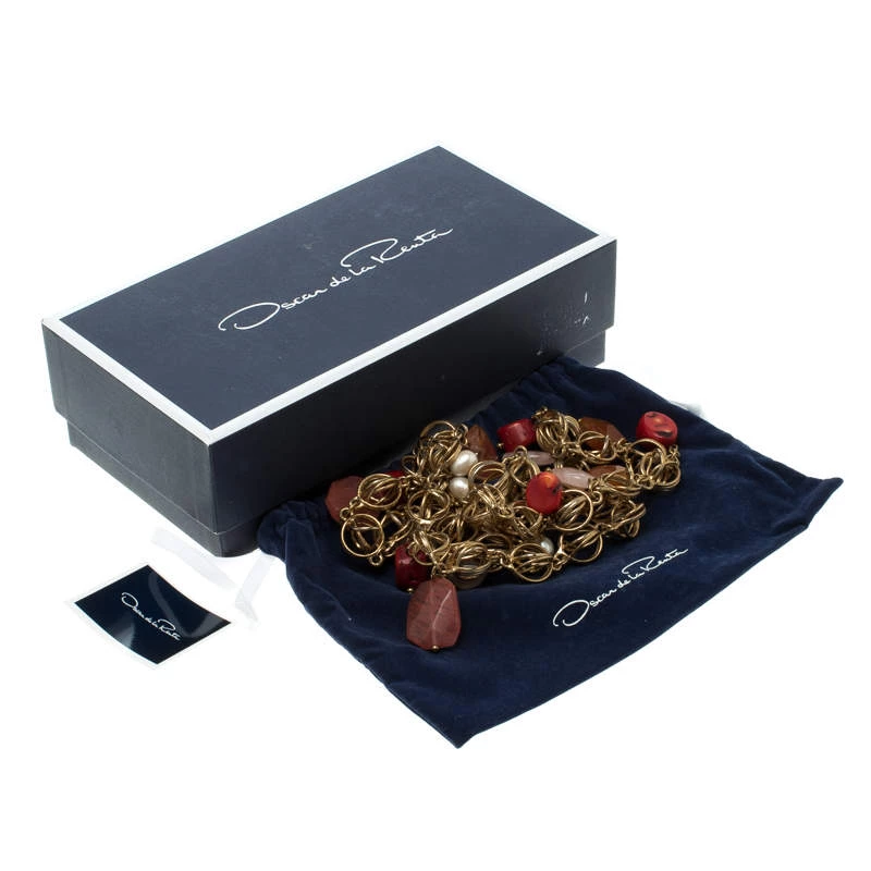 Oscar De La Renta Multi Stone Faux Pearl Gold Tone Two Strand Necklace For Women 7 Oscar De La Renta Multi Stone Faux Pearl Gold Tone Two Strand Necklace For Women - Image 5