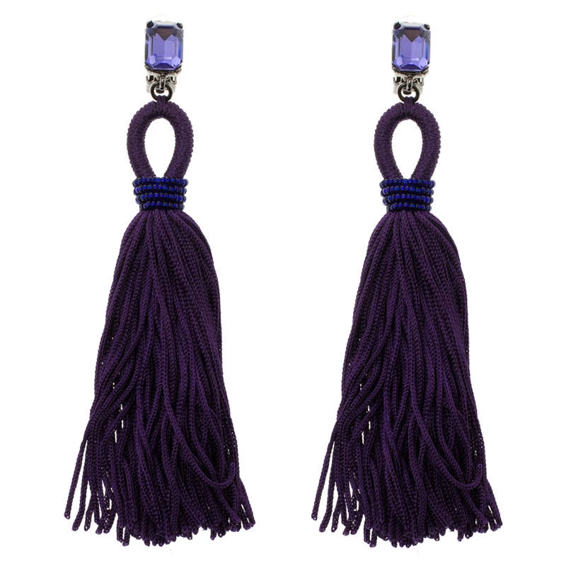 Oscar De La Renta Purple Crystal Long Tassel Clip-on Earrings For Women 3 Oscar De La Renta Purple Crystal Long Tassel Clip-on Earrings For Women