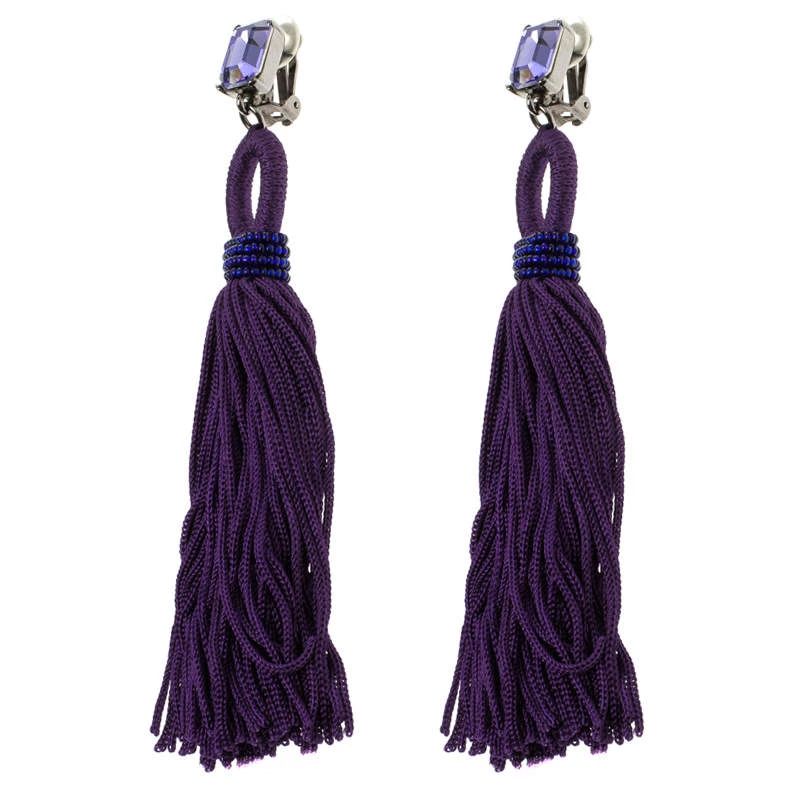 Oscar De La Renta Purple Crystal Long Tassel Clip-on Earrings For Women 4 Oscar De La Renta Purple Crystal Long Tassel Clip-on Earrings For Women - Image 2