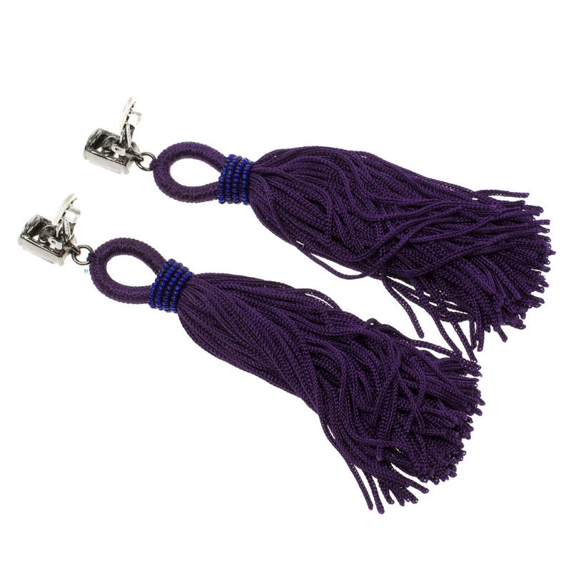 Oscar De La Renta Purple Crystal Long Tassel Clip-on Earrings For Women 6 Oscar De La Renta Purple Crystal Long Tassel Clip-on Earrings For Women - Image 4