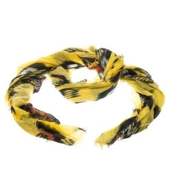 Oscar De La Renta Yellow Ikat Motif Printed Fringed Edge Scarf For Women