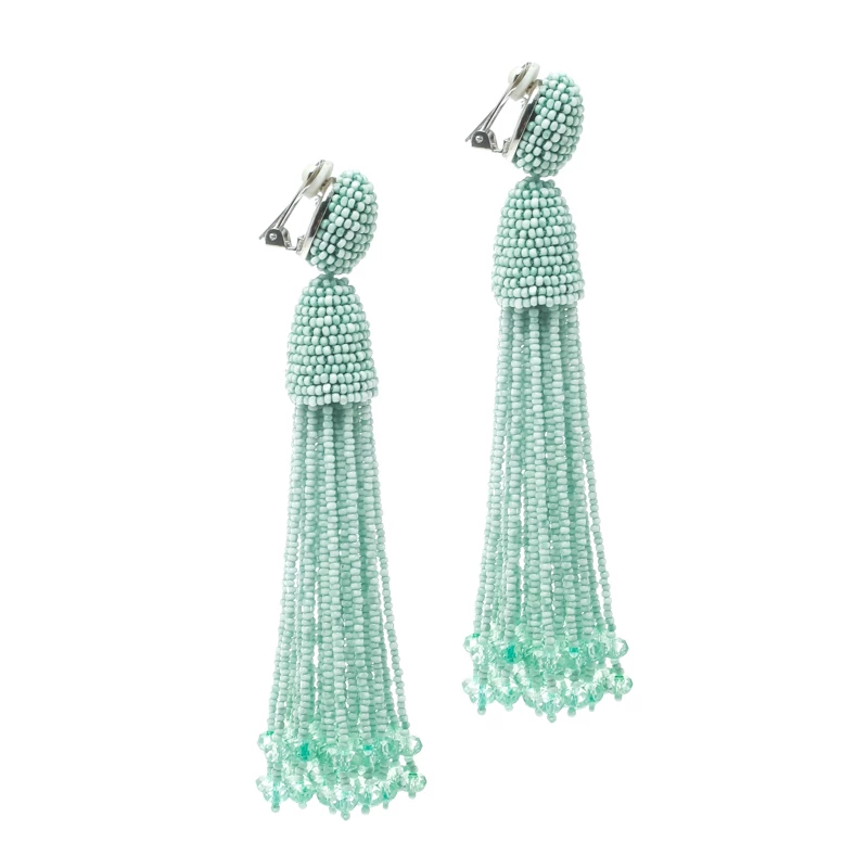 Oscar De La Renta Sea Green Beaded Tassel Long Clip-on Earrings For Women 4 Oscar De La Renta Sea Green Beaded Tassel Long Clip-on Earrings For Women - Image 2