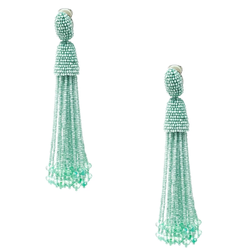Oscar De La Renta Sea Green Beaded Tassel Long Clip-on Earrings For Women 5 Oscar De La Renta Sea Green Beaded Tassel Long Clip-on Earrings For Women - Image 3