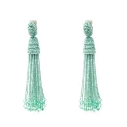 Oscar De La Renta Sea Green Beaded Tassel Long Clip-on Earrings For Women