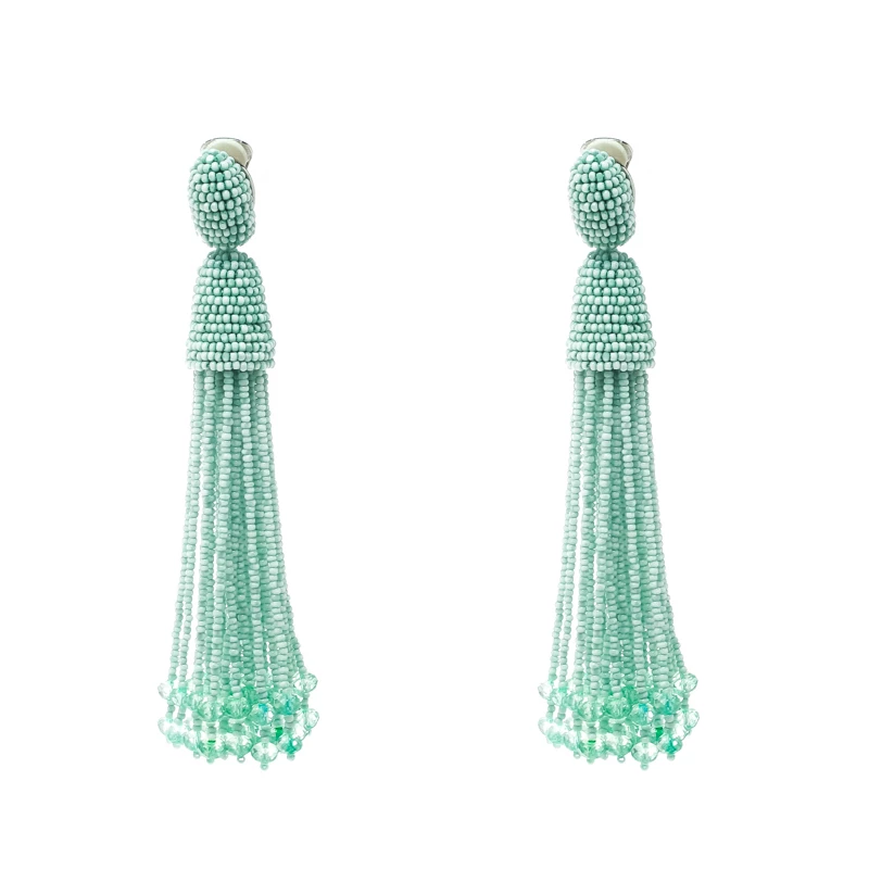 Oscar De La Renta Sea Green Beaded Tassel Long Clip-on Earrings For Women 3 Oscar De La Renta Sea Green Beaded Tassel Long Clip-on Earrings For Women
