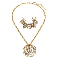 Oscar de la Renta Sales Shop 43 Oscar De La Renta Flower Motif Gold Tone Bracelet & Pendant Necklace Set For Women