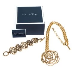 Oscar De La Renta Flower Motif Gold Tone Bracelet & Pendant Necklace Set For Women -Oscar de la Renta Sales Shop luxury women oscar de la rentaslug used accessories p290876 008